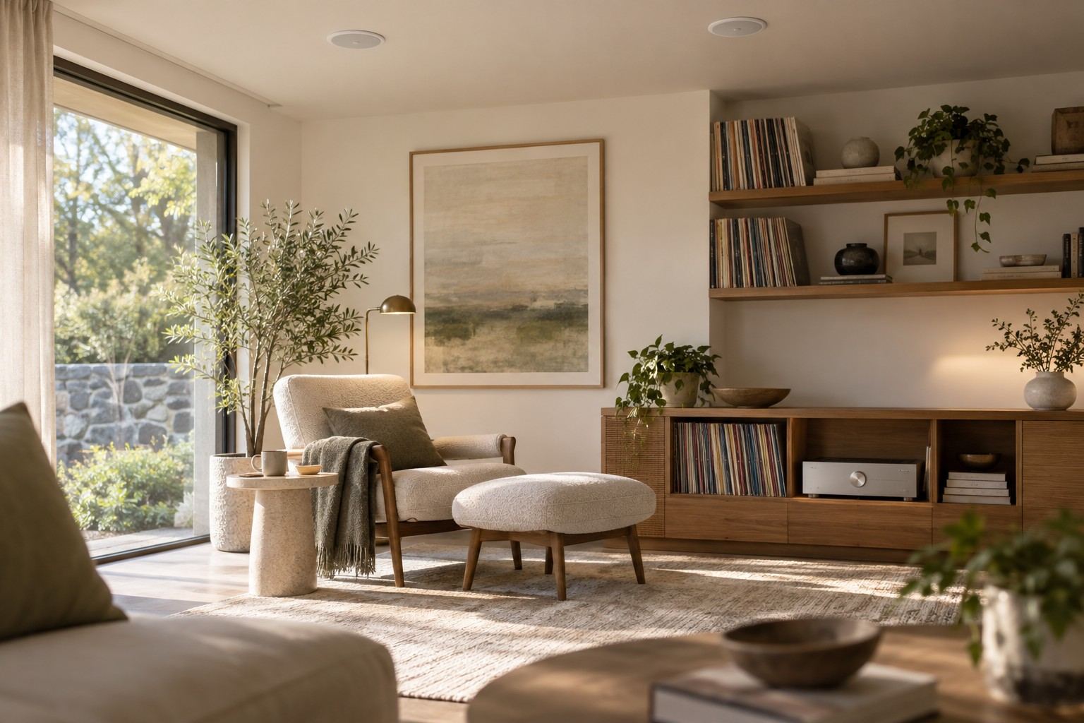 Hörplatz mit Sessel, Stereo-Verstärker im Sideboard und zwei HiFi-Deckenlautsprechern