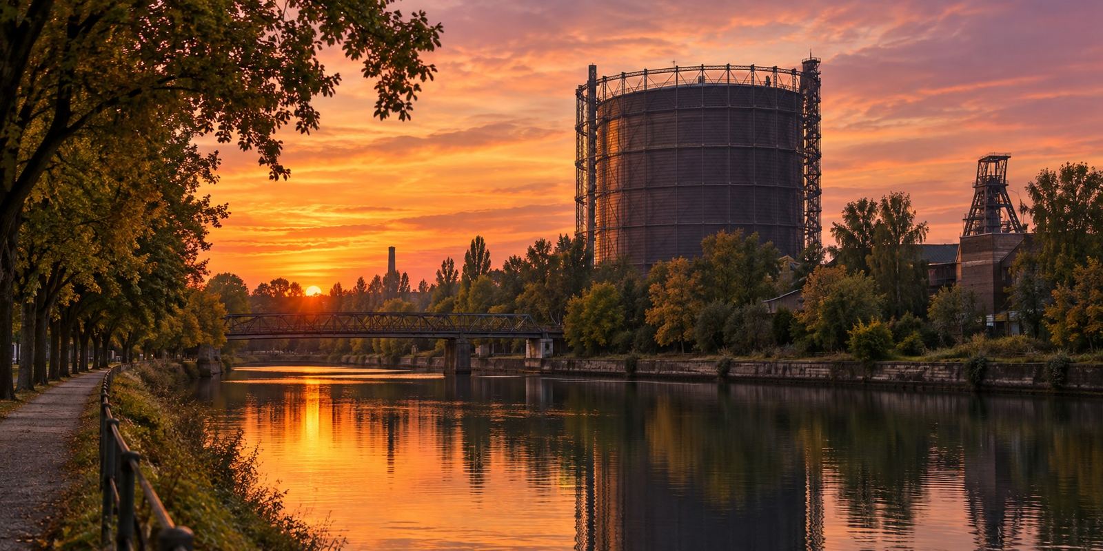 Gasometer und Förderturm an einem Kanal im Ruhrgebiet bei Sonnenuntergang