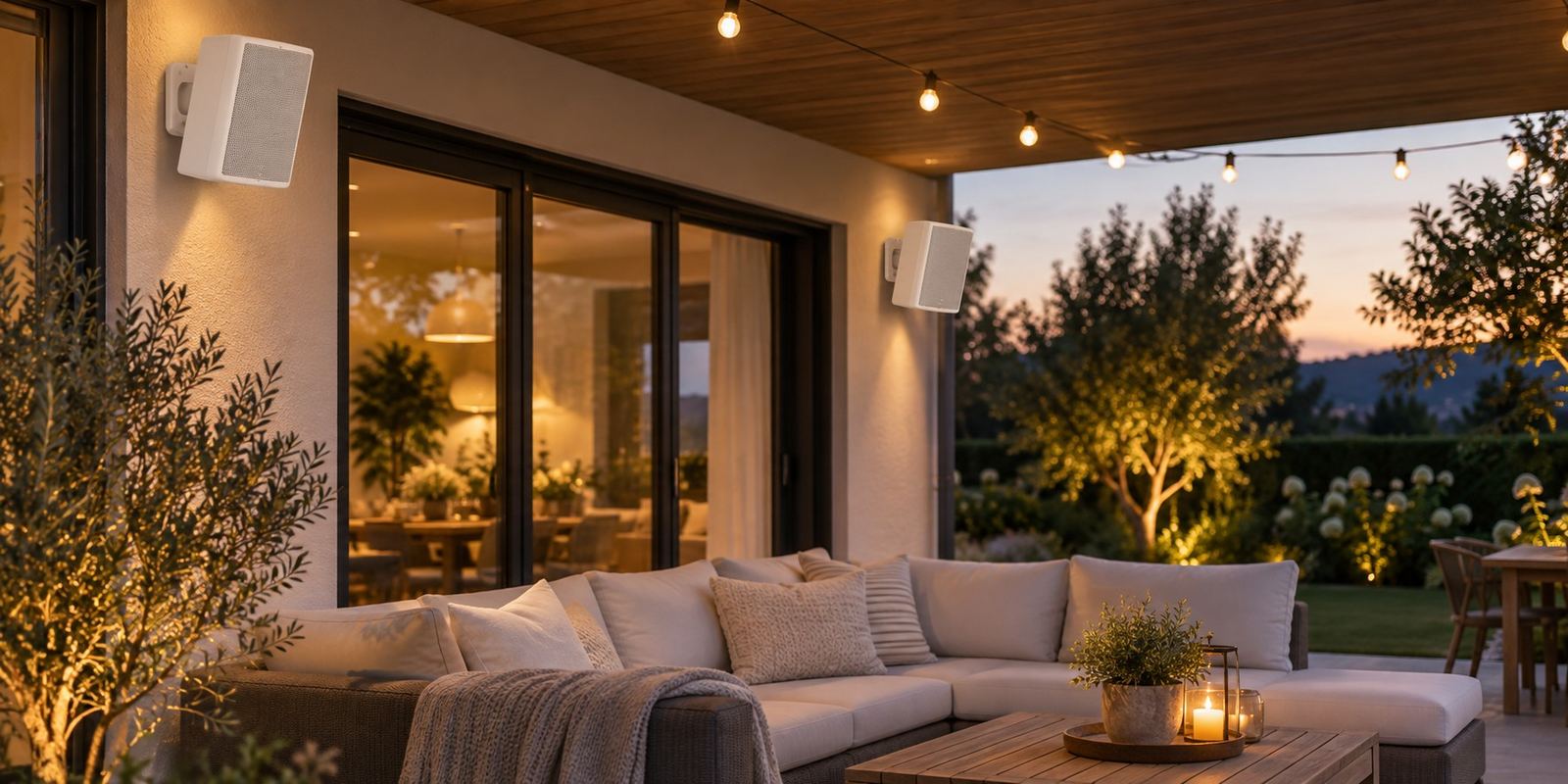 Überdachte Terrasse am Abend mit zwei weißen wetterfesten Lautsprecherboxen an der Hauswand