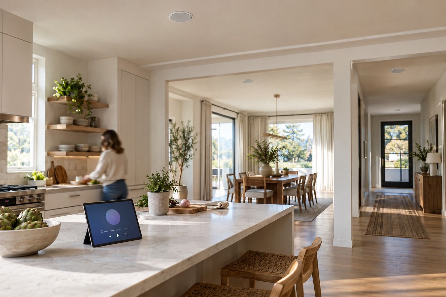 Offene Wohnküche mit WLAN-Multiroom-Deckenlautsprechern in Küche, Essbereich und Flur