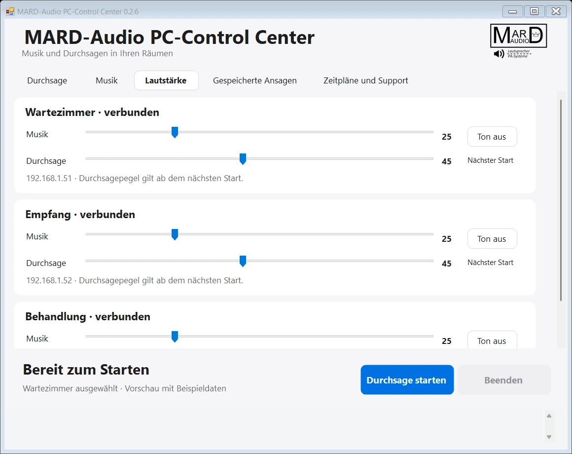Eigene Windows-Programmoberfläche mit getrennten Musik- und Durchsagepegeln für Wartezimmer und Empfang