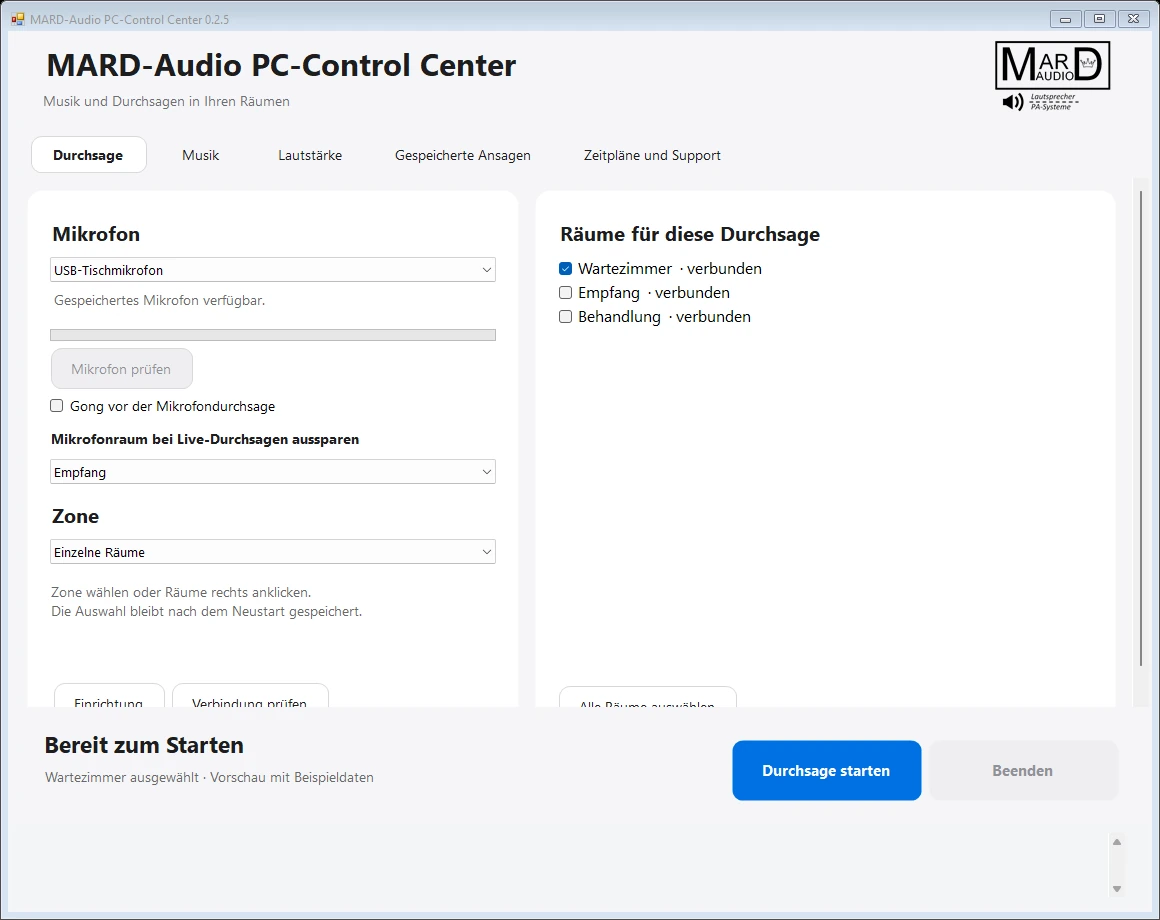 MARD-Audio PC-Control Center mit Durchsagezone Wartezimmer und ausgespartem Empfang