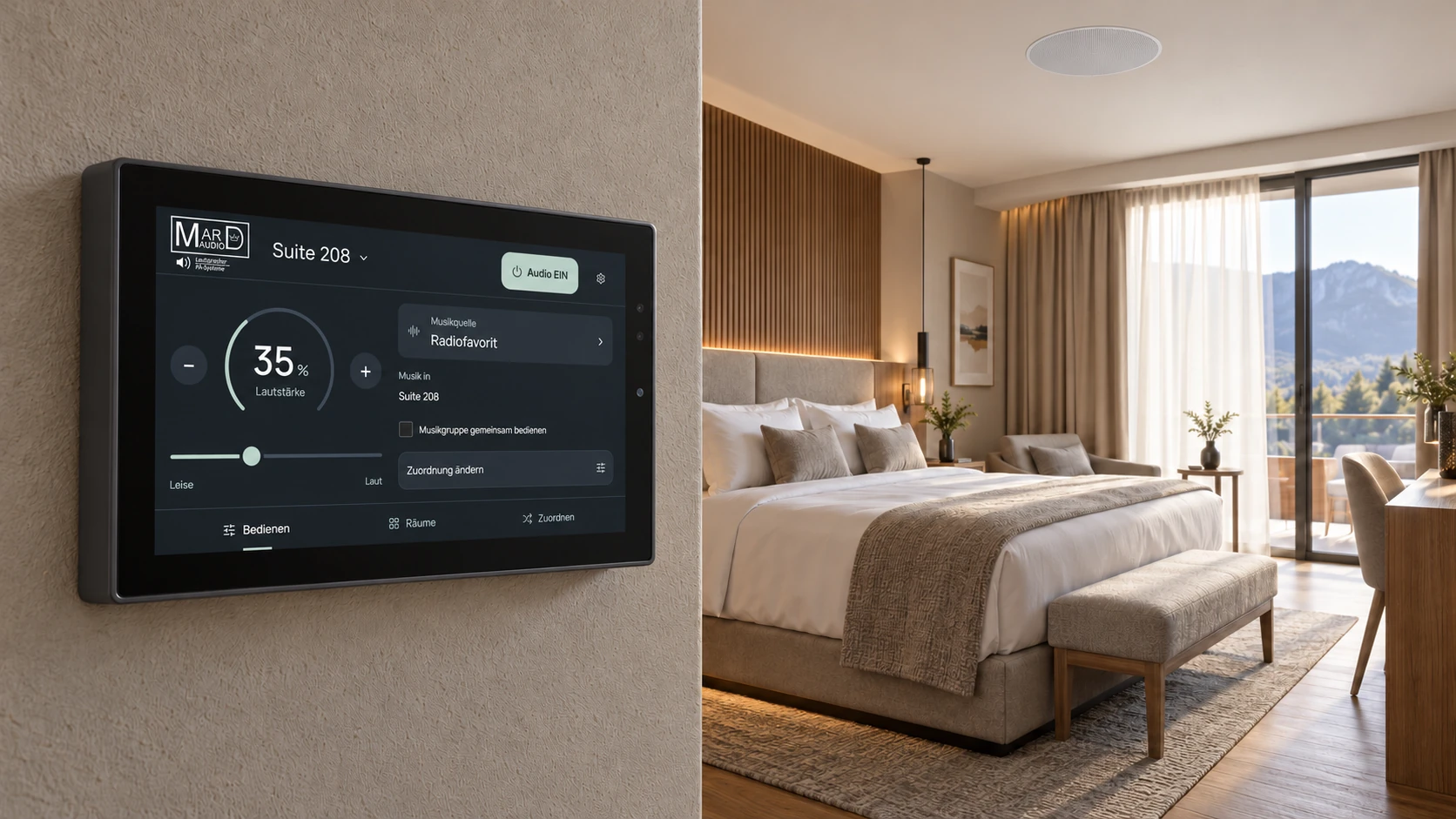 MARD Audio Touch als Wandpanel in einem illustrativen Premium-Hotelzimmer