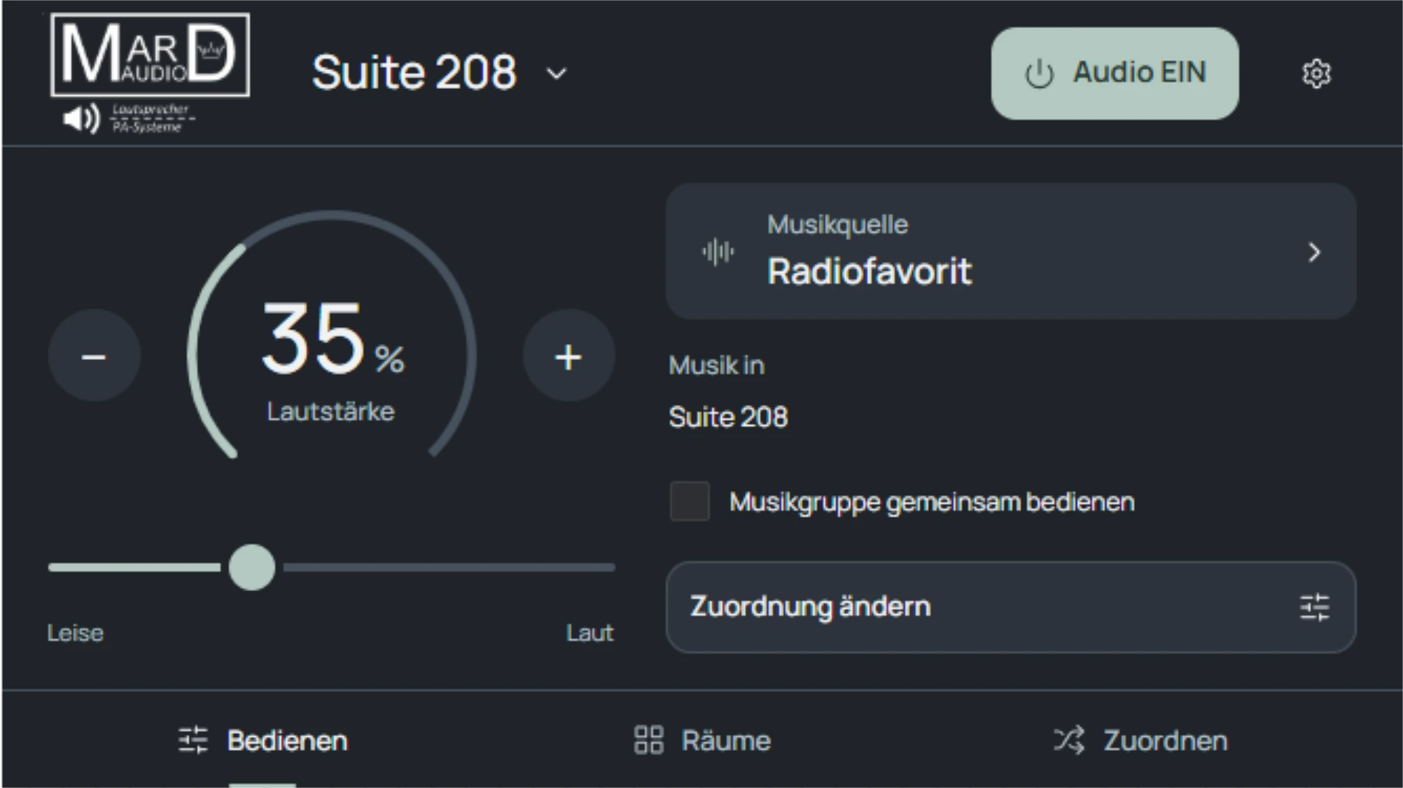 Graphit-Entwurf von MARD Audio Touch mit Raumwahl, Lautstärke und Radiofavorit